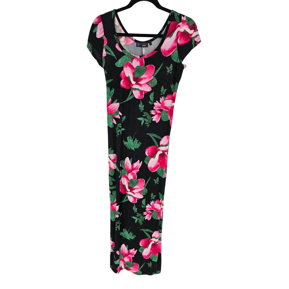 B Famous #USA Women's Black Floral Scoop-Neck Short Sleeve Maxi Dress Size L